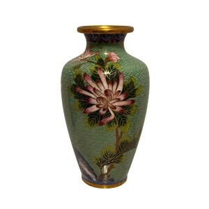 Vintage Cloisonné Vase Floral Bird Design Green Gold Trim Oriental Decor